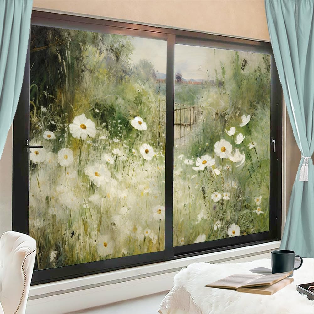 Rustykalna kwiatowa folia witrażowa, 2 szt., 90 x 140 cm, dekoracyjna osłona prywatności, do drzwi domowych i szklanych, blokująca słońce, piękny wzór kwiatowy dla zwiększenia prywatności i estetyki