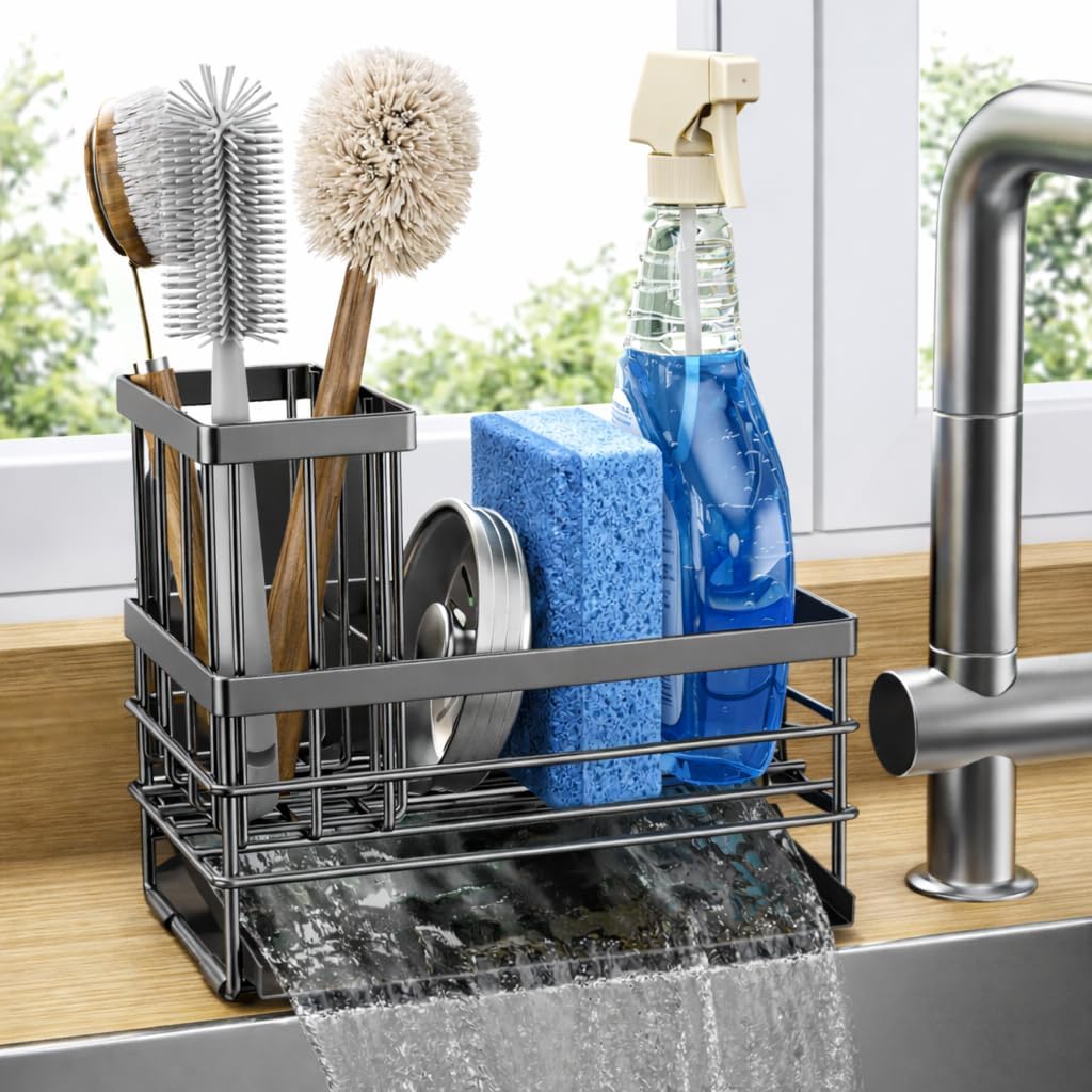 Cisily Sink Caddy Sponge Holder for Kitchen with Brush Holder and Stainless Steel Self Drain Tray, Rustproof Kitchen Sink Organizer for Sponge, Soap Dispenser Storage Accessories