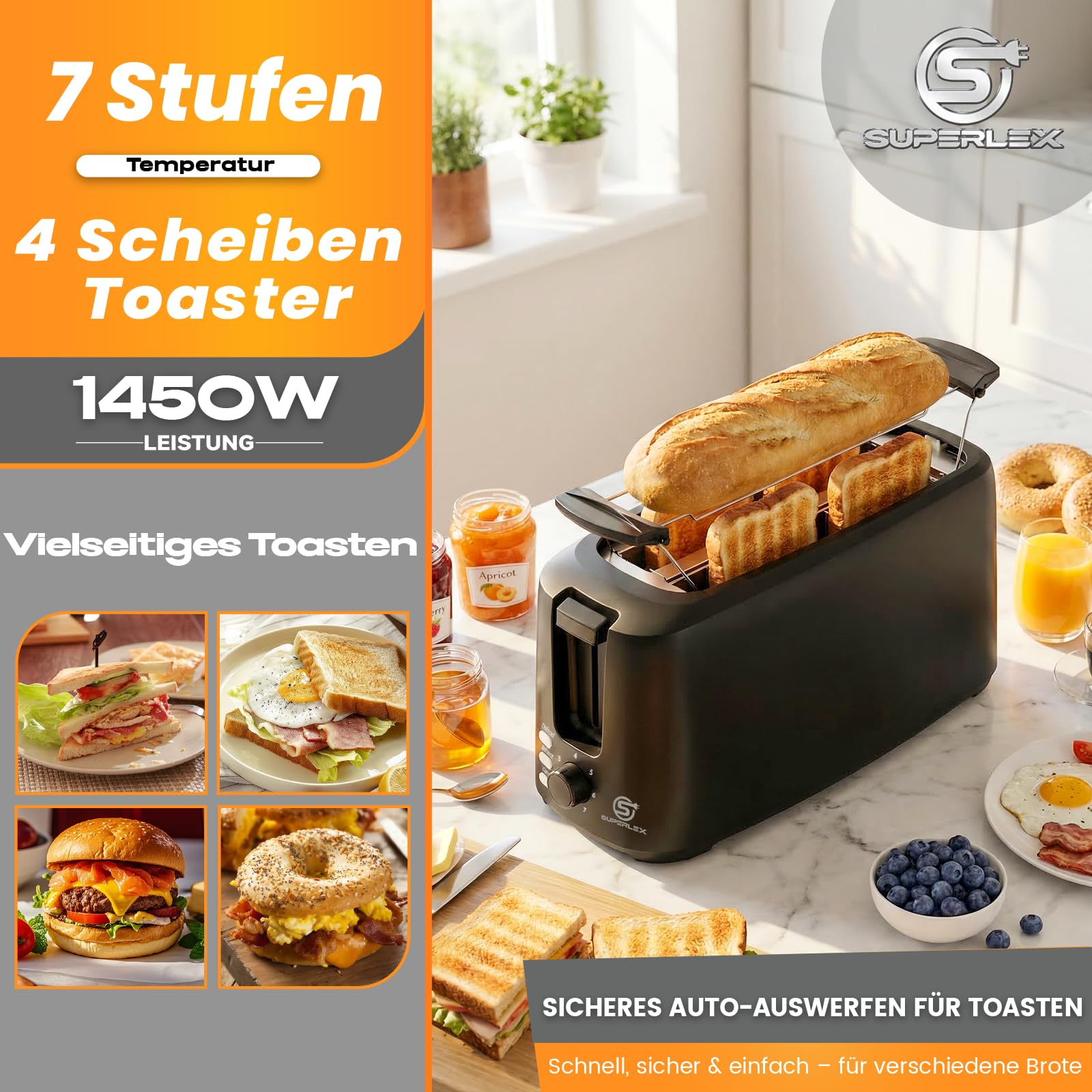 Tostapane a fessura lunga, 4 fette, 1450 W, 7 livelli di doratura, funzione scongelamento, riscaldamento e stop, con inserto per panini e cassetto briciole lavabile, per baguette, pane e