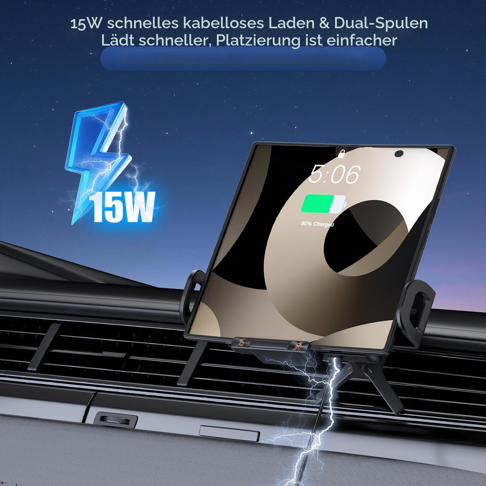 Handyhalterung Auto mit Ladefunktion - 15W Schneller Kabelloser Qi Wireless Charger Auto mit Saugnapf & Lüftungsclip für Z Fold 7/6/5/4/3/2, Induktive Ladestation Auto mit Einhandbedienung