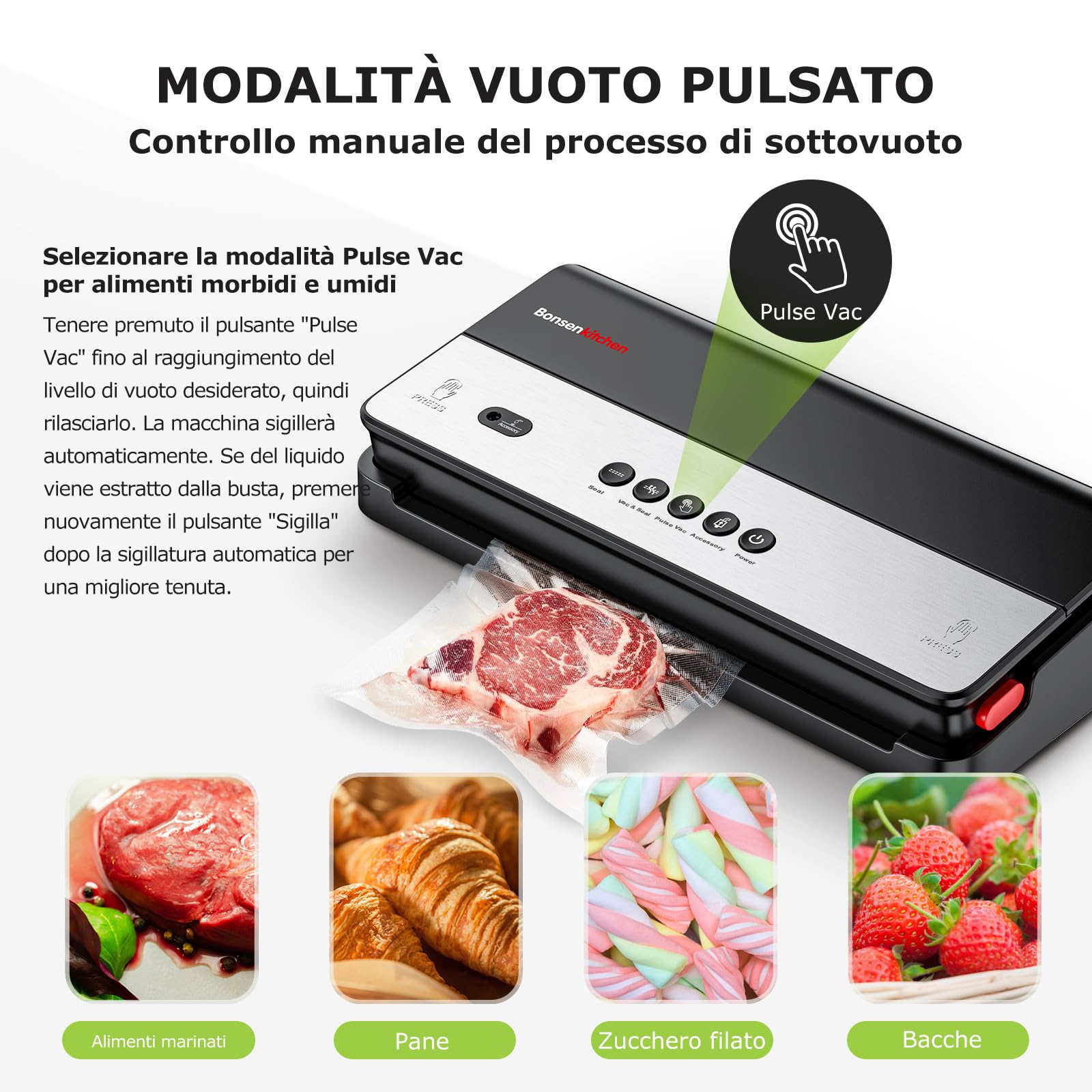 Bonsenkitchen Macchina Sottovuoto per Alimenti, Tagliapasta Incorporato e Rotoli per Sacchetti Sottovuoto e Starter Kit, Dispositivo di Aspirazione Esterno, con 50 sacchetti sottovuoto
