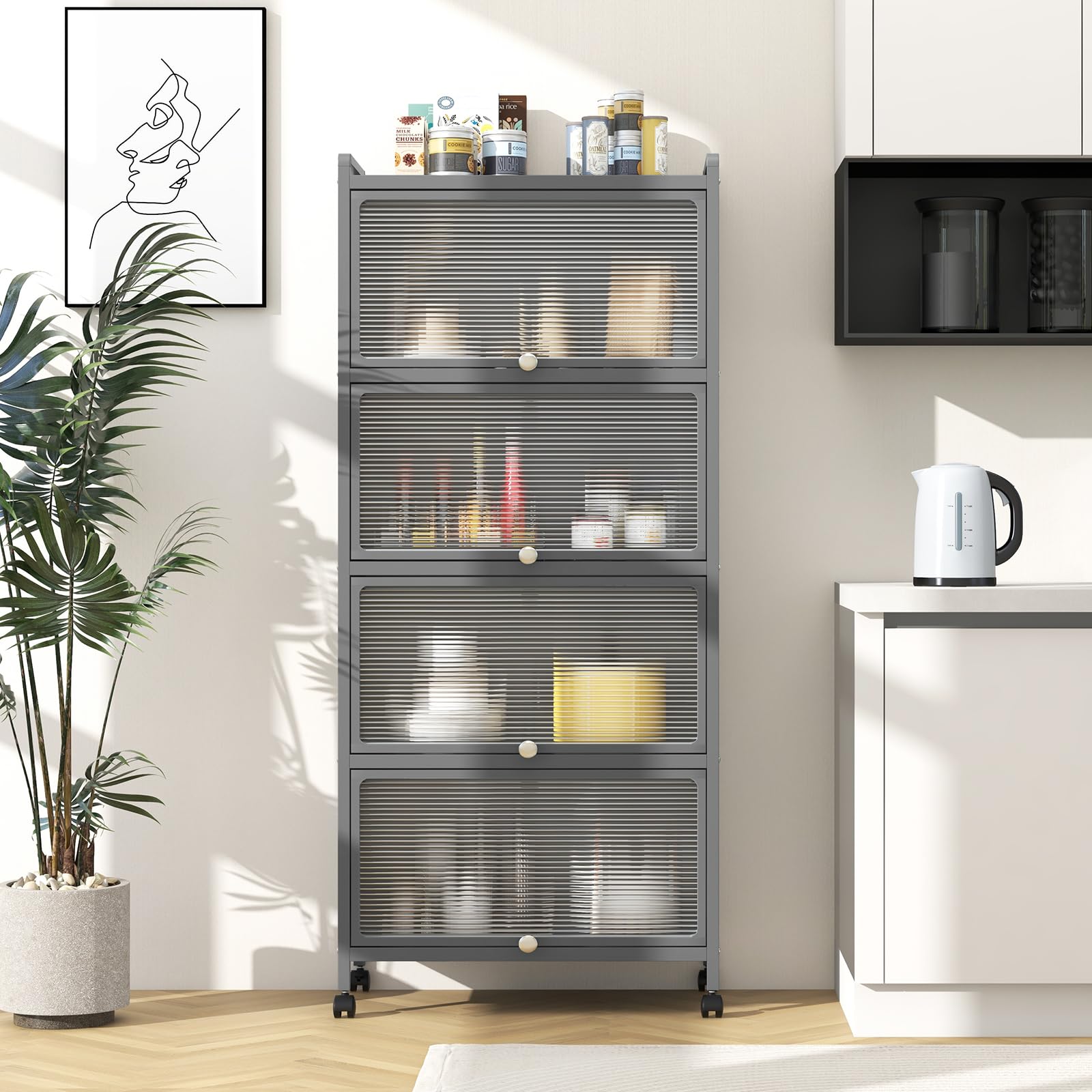 KOMFOTTEU Mobile Dispensa Cucina a 5 Livelli, Mensola Microonde con Anta a Vista, Ruote, Dispositivo Antiribaltamento, Scaffale da Cucina in Ferro per Soggiorno, Sala da Pranzo, 60x32x154cm (Grigio)
