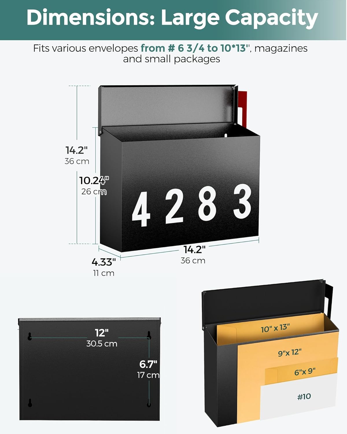 LAND·VOI Modern Wall-Mount Mailbox, Mailboxes for Outside, with One Flag Kit and Three Sets of 0-9 Mailbox Number Stickers, Rust-Proof Metal Post Box, 4.33" Dx14.2 Wx10.43 H, Textured Black, AMB03B01
