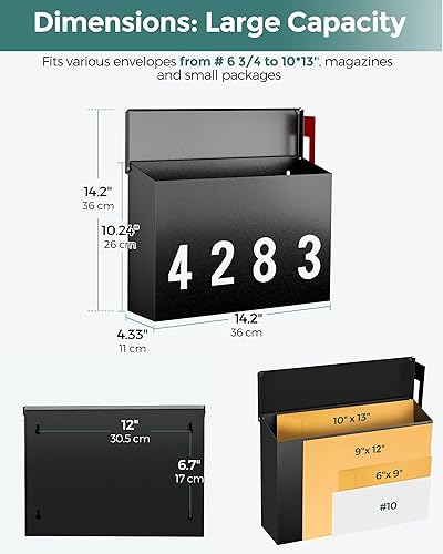 Miniatura 59 de LAND·VOI Buzón de pared con un kit de bandera y tres juegos de calcomanías de números de buzón de 0 a 9, buzones para exterior, buzón de metal Negro