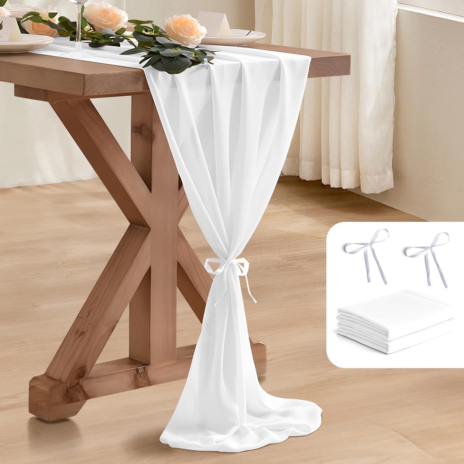 BEELIFY 10 Pack 10 Ft Chiffon Table Runner White Gauze Long Table Runners 27x120 Inches Sheer Tulle Table Runner for Rustic Wedding Reception Bridal