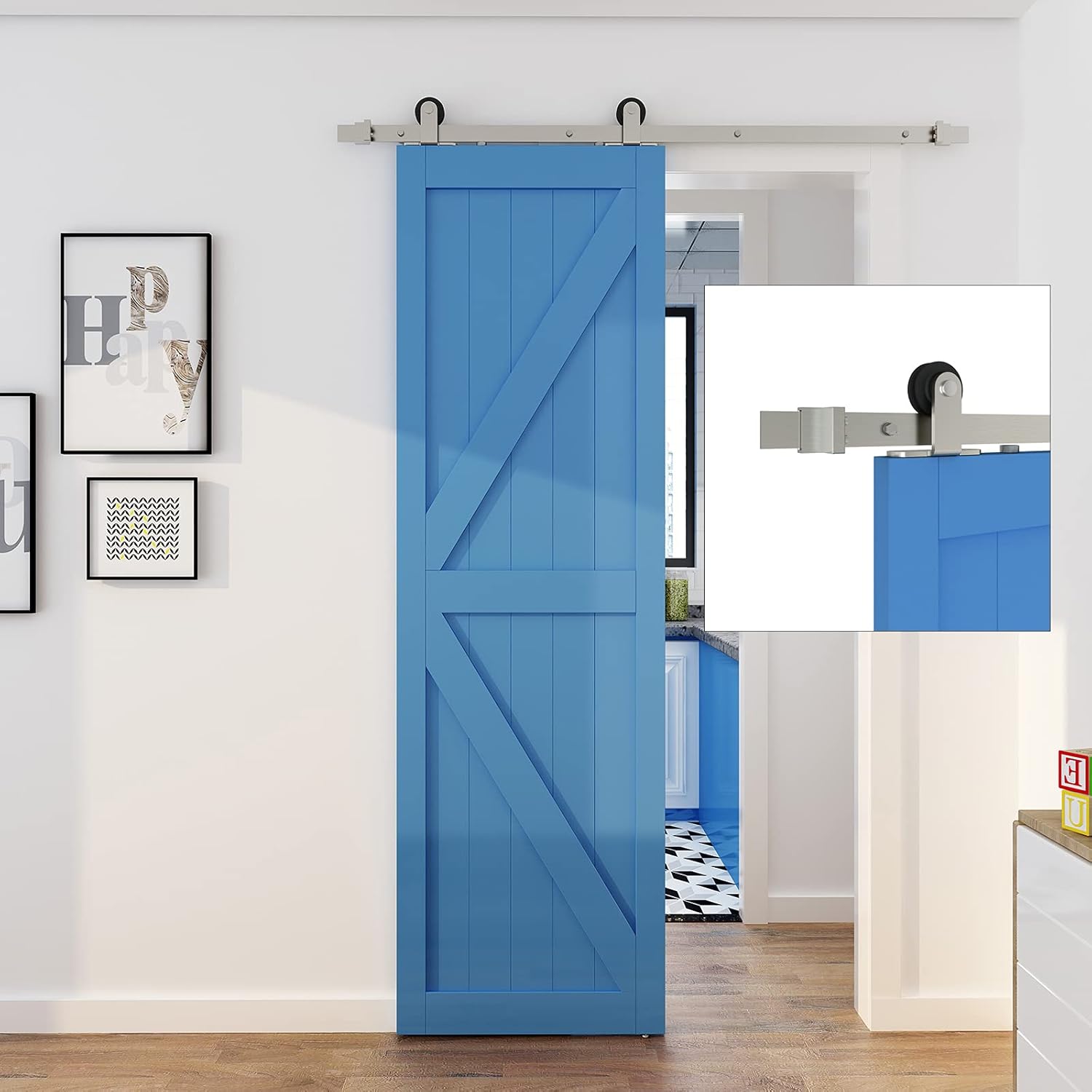 JUBEST Satin Nickel Sliding Barn Door Hardware Kit Single Door Flat Track Kit Top Mounted Roller 5FT
