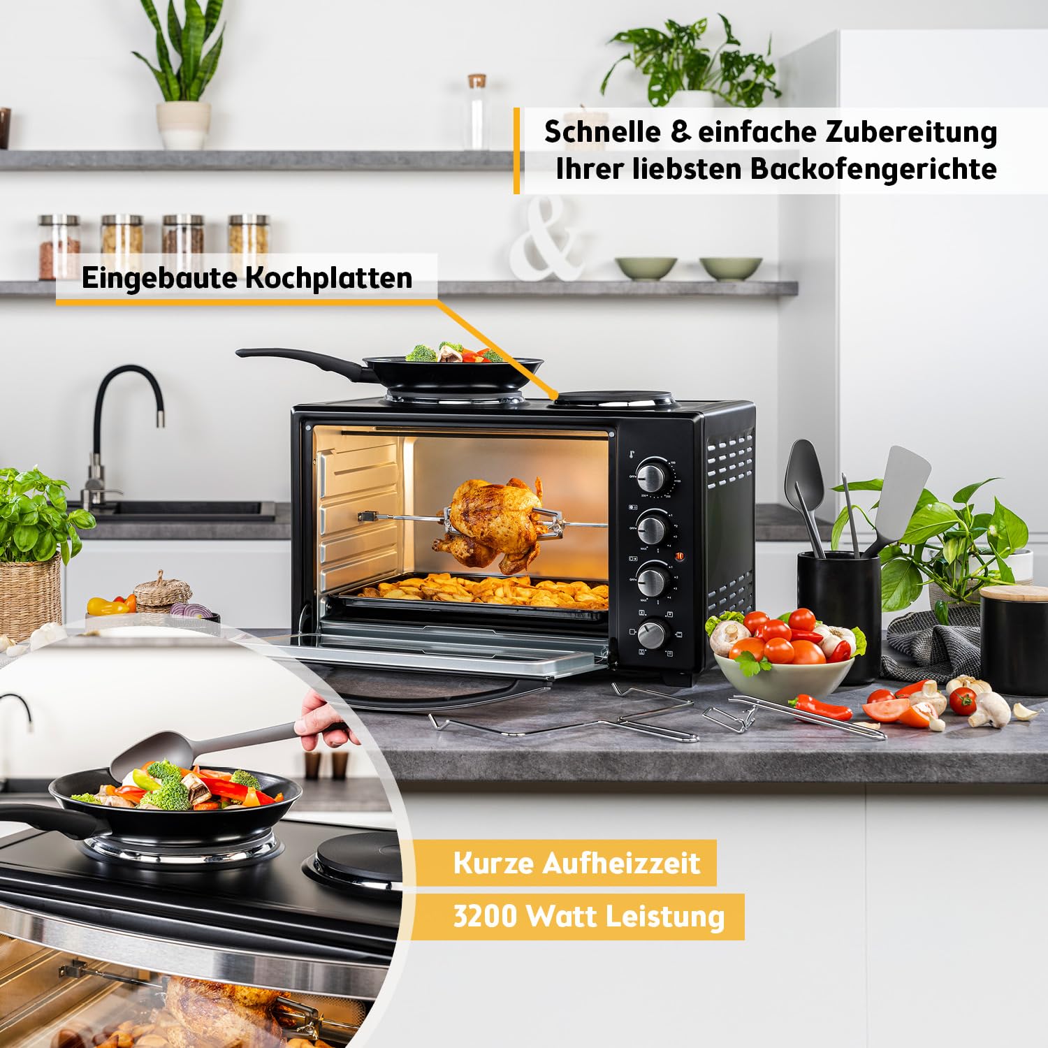 TZS First Austria - Minibackofen mit Kochplatten 30L 3200 W - Mini Backofen Pizzaofen mit Herdplatten bis 230°C & 6 Heizmodi - Miniofen Kombigerät mit 4 Einschubhöhen & hochwertigem Zubehör