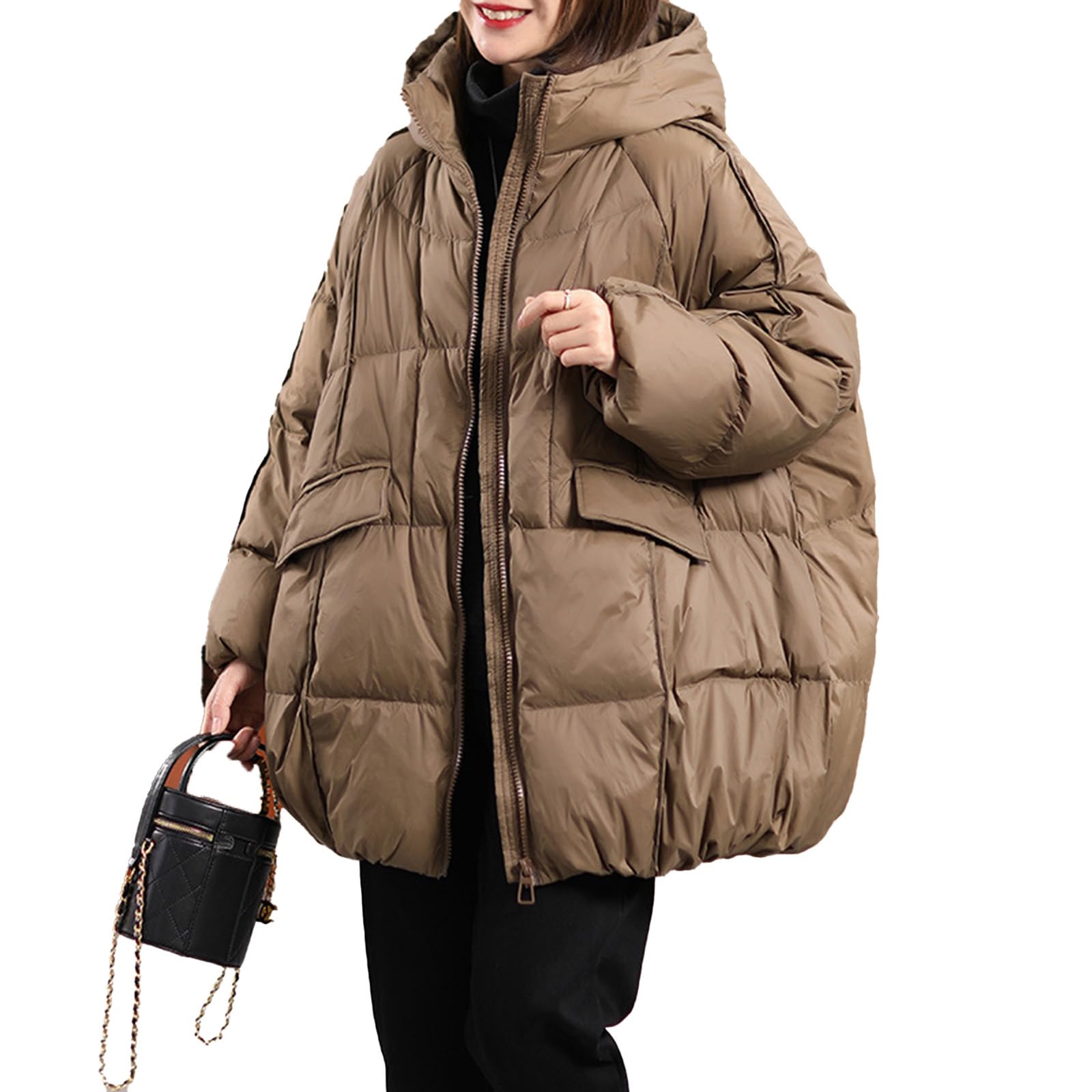 Piumino Invernale da Donna Bianco in Piuma D'Anatra con Cappuccio Caldo Piumino Oversize Femminile Casual Allentato Parka Tascabile,Cachi,M