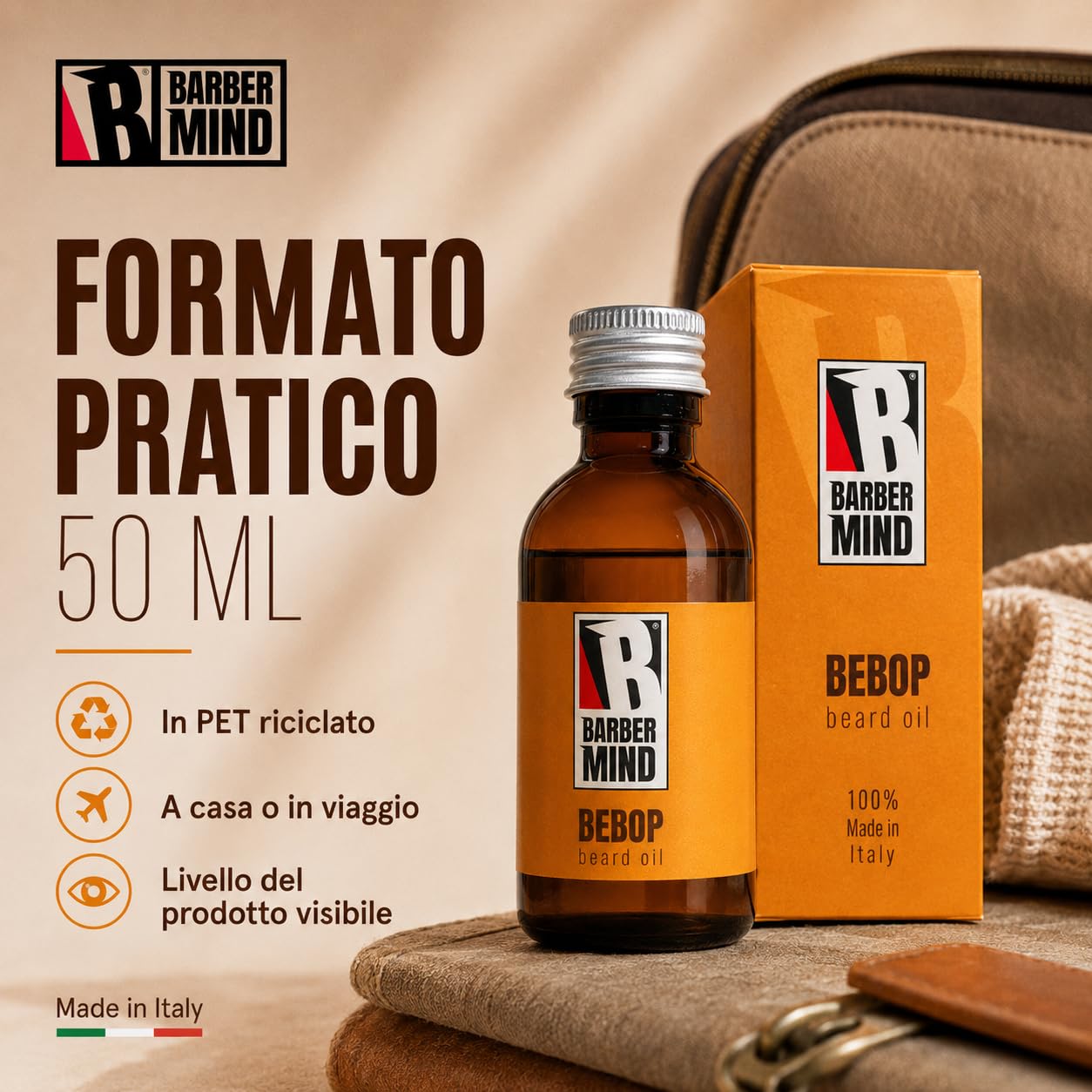 Barber Mind Bebop Olio da Barba Uomo, Beard Oil con Oli Essenziali di Lavanda, Menta Piperita e Rosmarino per Barba Morbida, Idratata e Profumata, Made in Italy, 50 ml