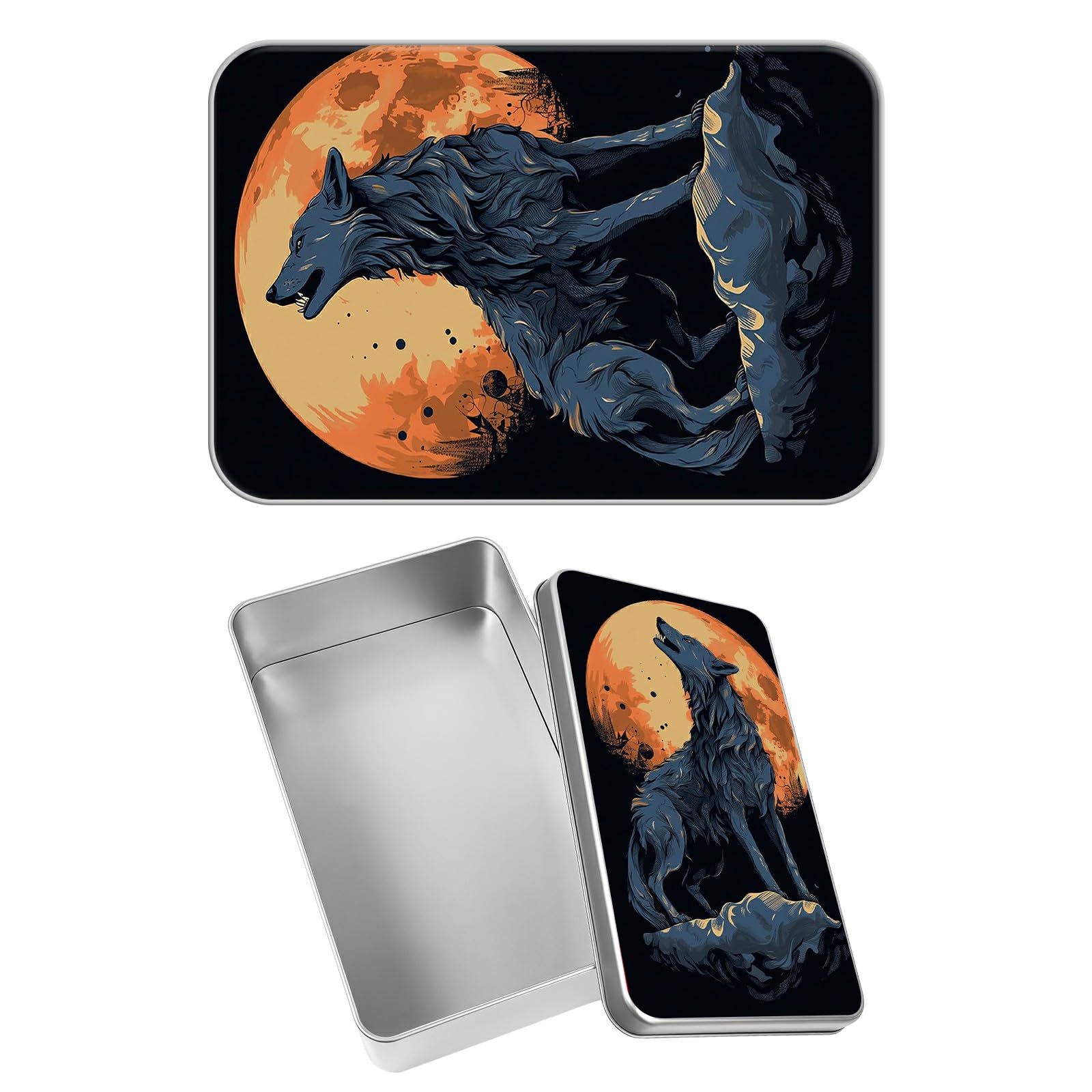 Rectangular Metal Tin Box with Removable Lid, Wolf Full Moon Decorative Printed Metal Storage Container for Jewelry Pen Eraser Pill Candy Craft 4.9 x 3.54 x 1.57 inch– Single Pack