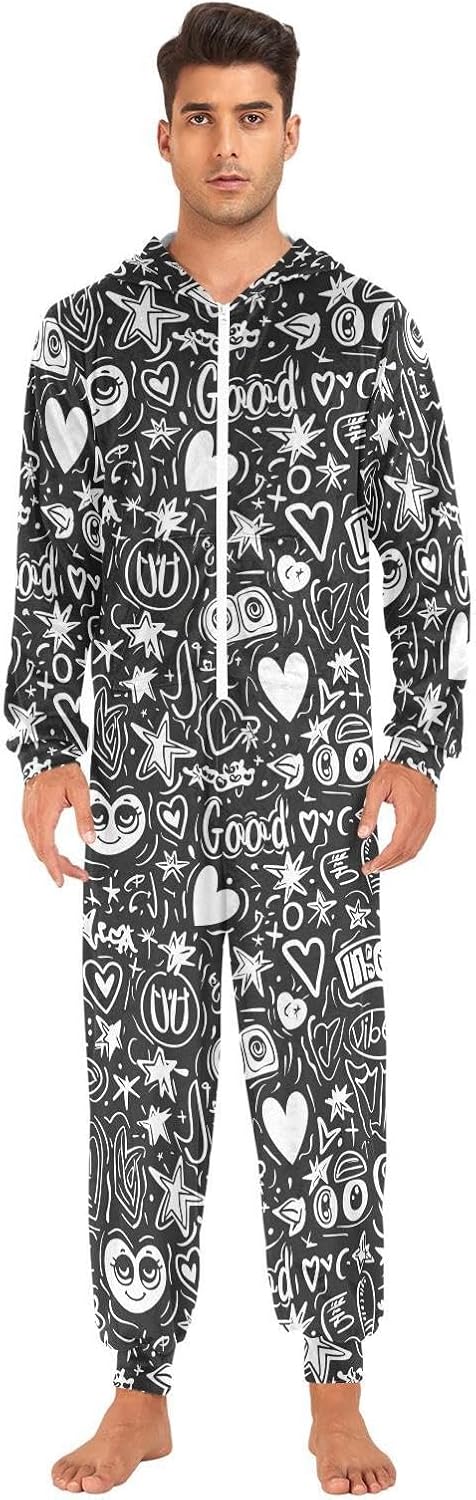 ZZKKO Black White Art Graffiti Adult Onesie Pajamas for Women Men Cozy One Piece Pajamas Costume Zip-Up Hooded S-XL