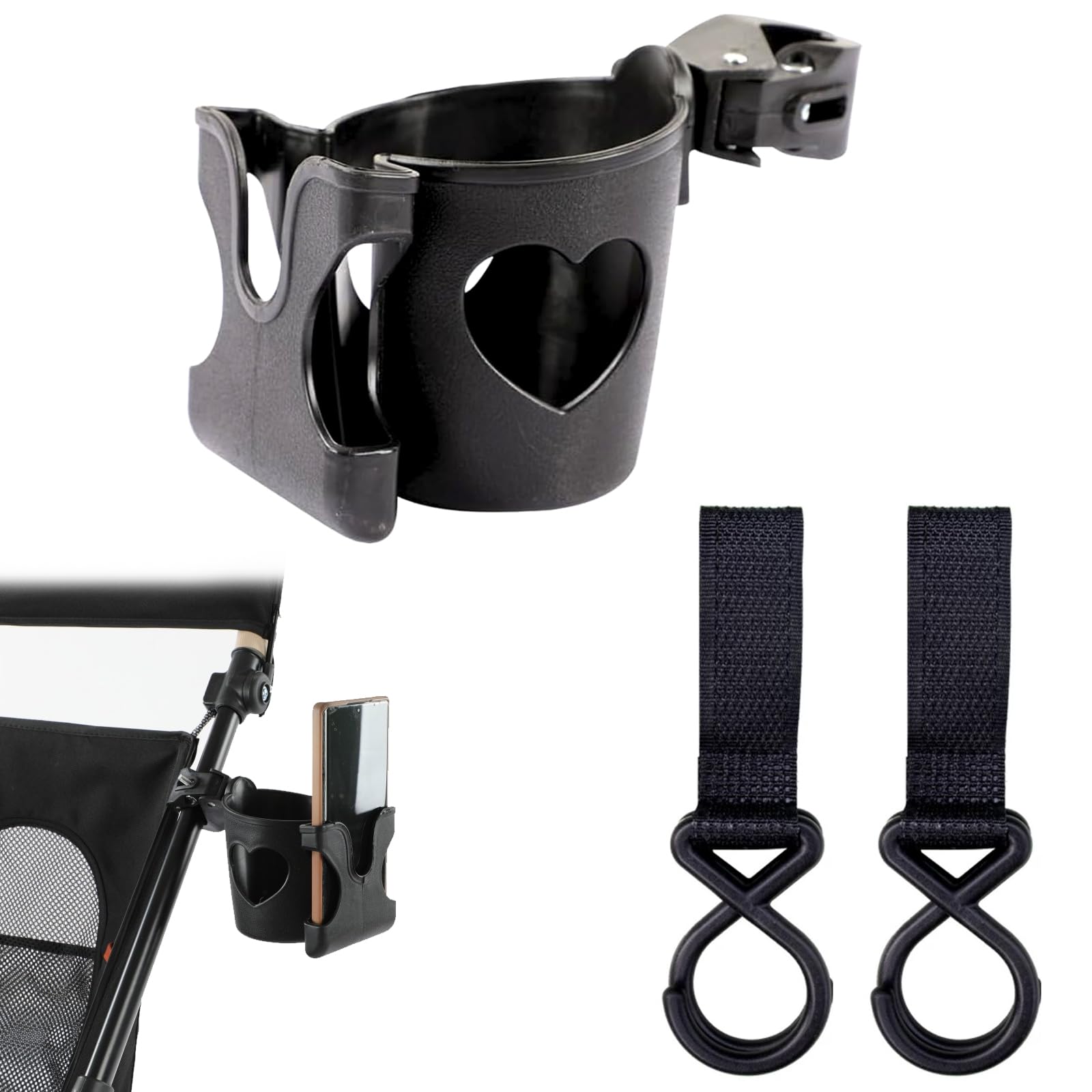 Set de portavasos universal, con portavasos en forma de corazón y 2 correas con ganchos, caja de almacenamiento para teléfono, desmontable y portátil, para botellas de agua, bicicletas(negro)