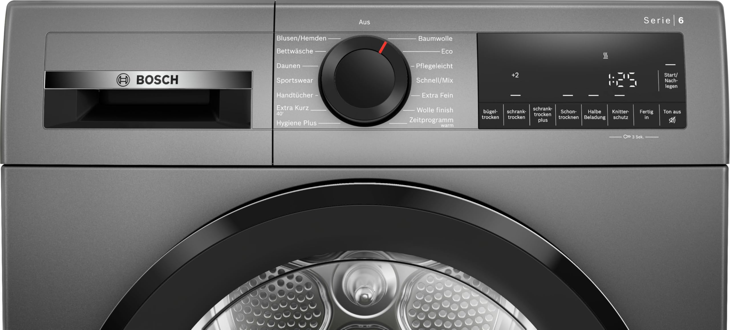 Bosch WQG243DR10 Serie 6, Wärmepumpentrockner 9 kg, Extra Kurz Trockenprogramm, Halbe Beladung Option, Auto Dry, Easy Clean Filter, Sensitive-Drying-System, Trommelreversierung, Innenbeleuchtung, Grau