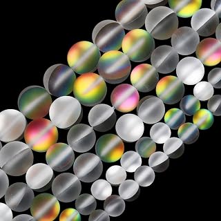 Matte Vitrail Medium Aurora Crystal Glass Beads, 8MM Frosted Glitter Shining Mermaid Round Loose Beads, Rainbow Holographic Synthetic Moonstone for Jewelry Making DIY Bracelet