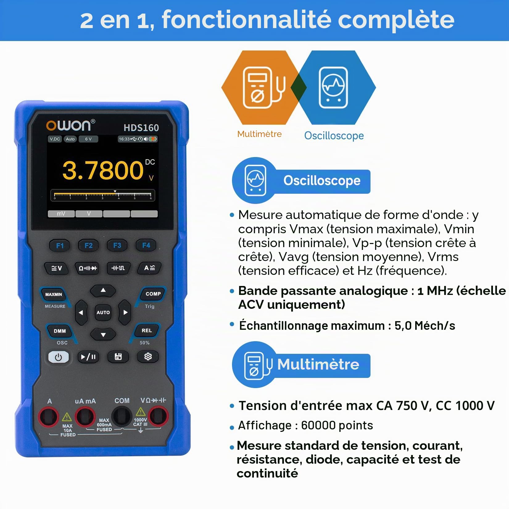 OWON HDS160 Oscilloscope multifonction 2 en 1, bande passante MHz, écran IPS 2,8 pouces, 60000 points, multimètres numériques 4 1/2 pouces et oscilloscope numérique 1 canal