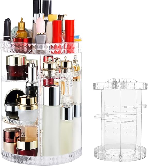 KingSaid Makeup Organiser 360 Degree Rotating Adjustable Jewelry and Cosmetic Display Stand Jewellery Cosmetics Storage Shelf Organizer for Vanity Table Bedroom