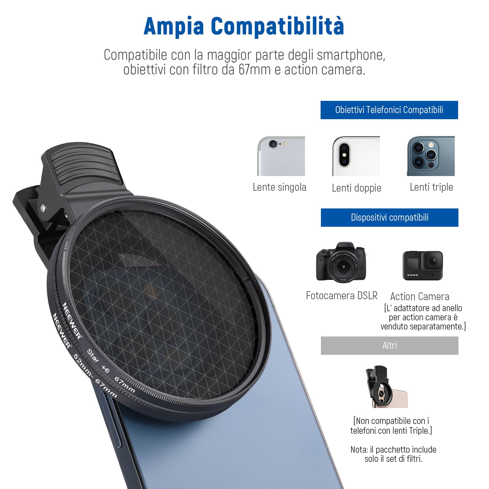 NEEWER Set di filtri ad effetto ND+CPL+67 mm con clip per obiettivo cellulare, filtro polarizzatore ND32, filtro a stella a 6 punti, 4 filtri a colori graduati, compatibili con iPhone 14 Pro Max 13 12