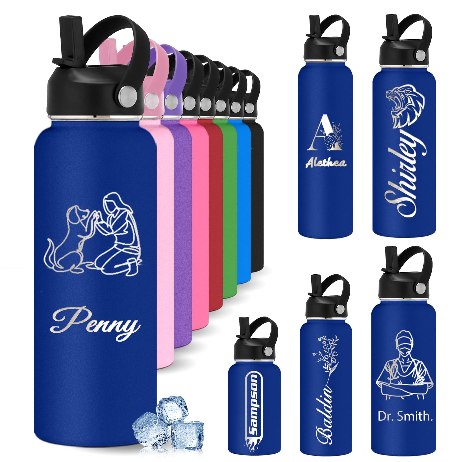 YoLLiEE Custom Personalised Water Bottles for Kids with Straw 12 18 24 32 40 oz Customised Engraved Insulated Stainless Steel Water Bottles with Name Photo, Navy Blue