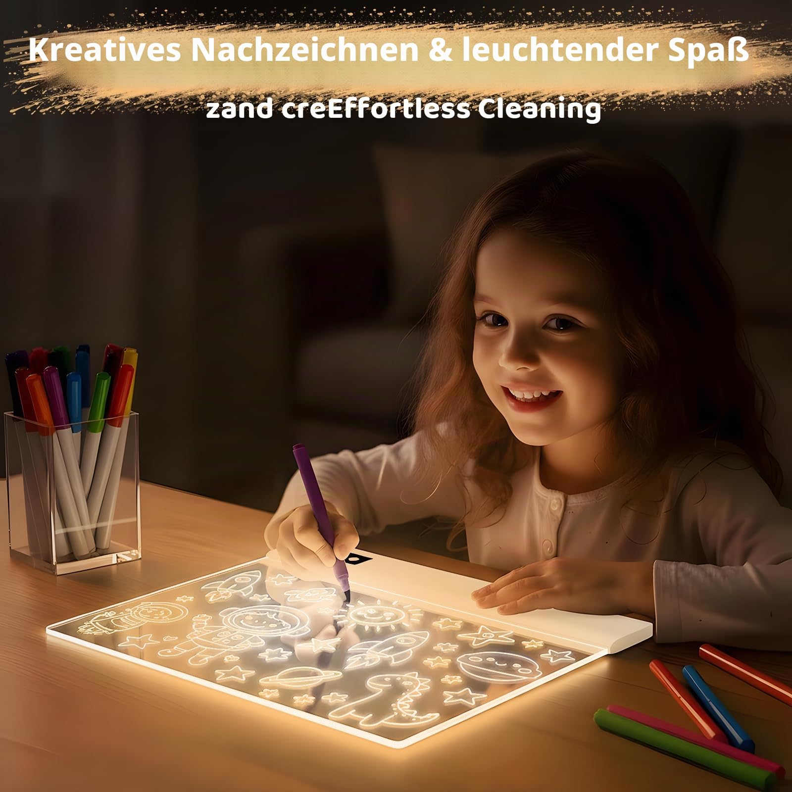 16 Zoll LED Zeichenbrett, Wiederaufladbares Leuchtpult mit 1500mAh Akku, Prozentanzeige, 12 Modi Leuchttafel für Kinder, Abwischbares Acryl Memo Board mit 12 Markern
