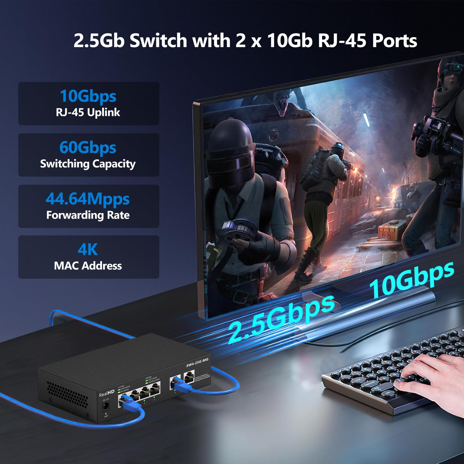 Conmutador de red Ethernet gestionado por red de 6 puertos de 10 GB | 2 puertos RJ-45 de 10 GB | 4 puertos Base-T de 2,5 GB | Conmutador Multi Gigabit 10-100-1000Mbps | Ancho de banda de 60G |