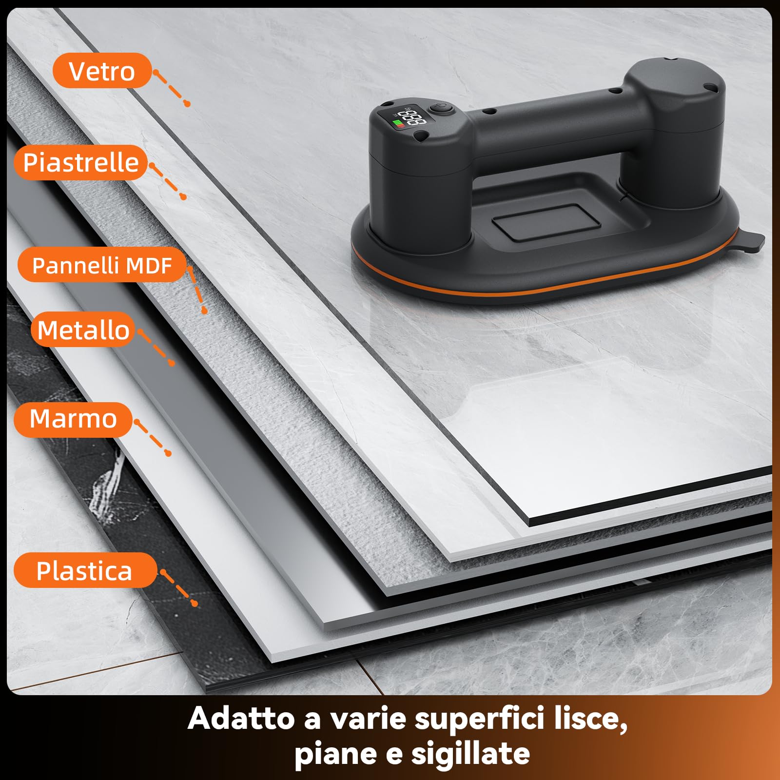 Ventosa elettrica per piastrelle, 24 cm, con batteria da 4000 mAh, display LCD, ventose per vetro, lastre della terrazza, piastrelle, pannelli di legno, marmo e mobili (confezione da 2)