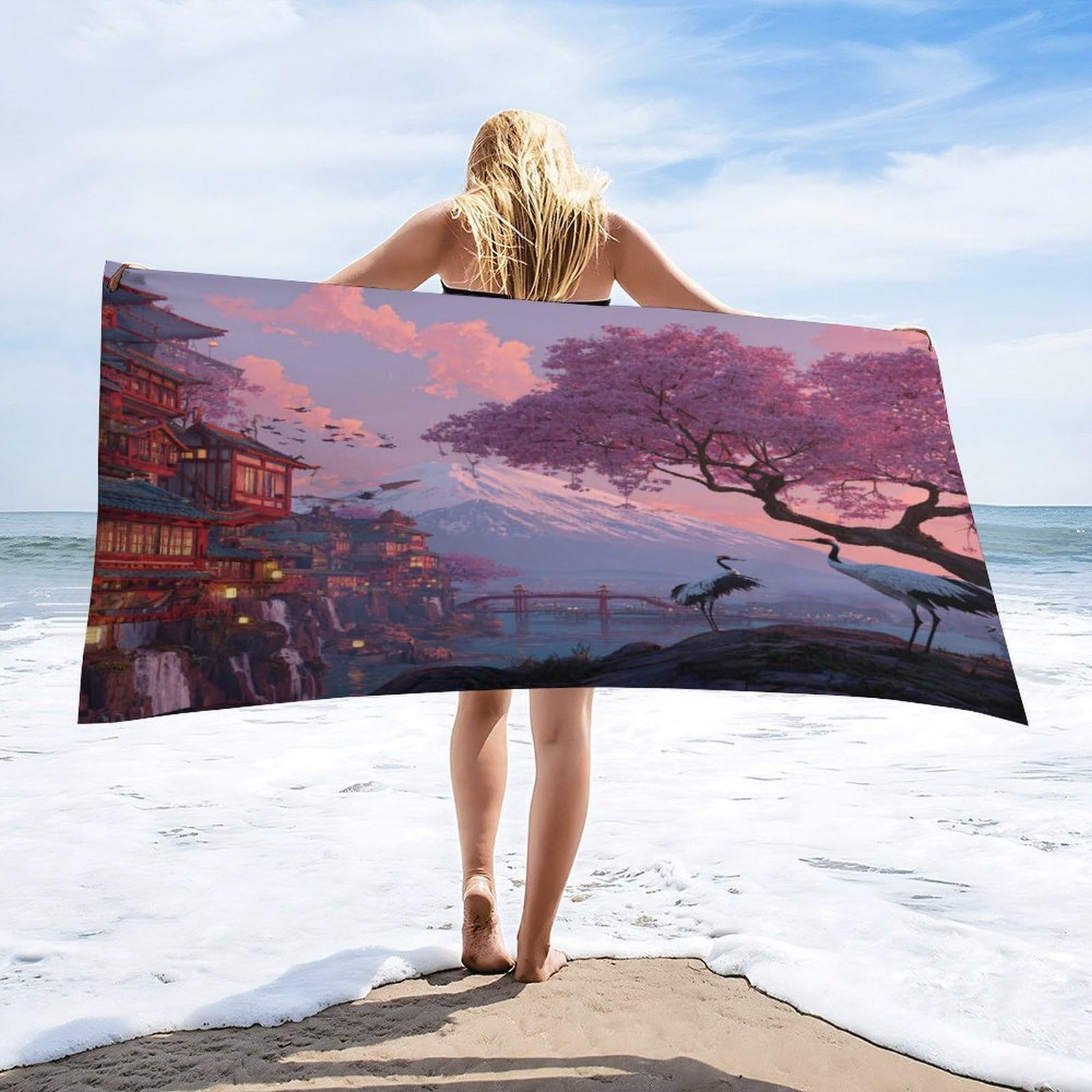 Luyysky Vintage Elegant Animal Crane Quick-Drying Beach Towel, Rustic Watercolor Japanese Mount Fuji Plant Cherry Blossoms Travel Vacation Single Sided Pile Bathroom Towels-80 W Cm X 160" L Cm