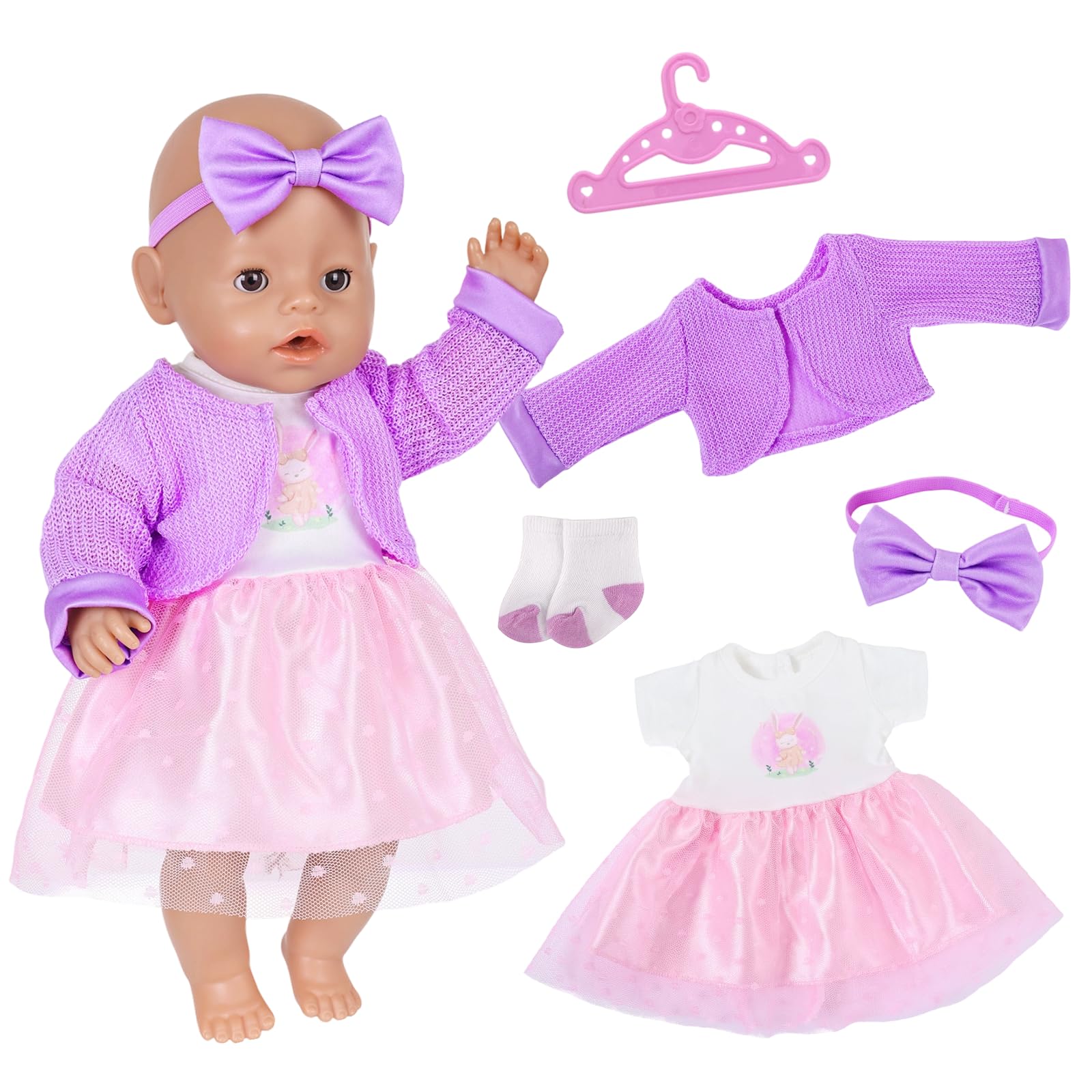 5 Pcs Baby Doll Clothes for 14-18 Inch Baby Dolls, Purple Newborn Baby Clothes with 1 Coat 1Tulle Dress 1 Headband 1 Sock 1 Hanger, 35-45cm Sweet Doll Clothes Outfits for Kids Birthday Gift