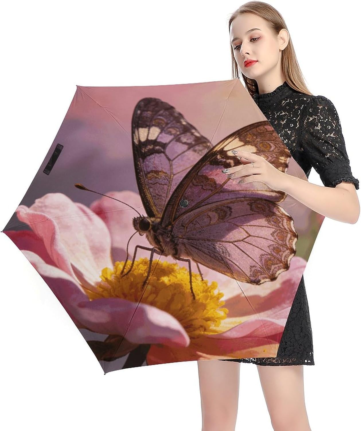 Butterfly Flower Printed Exterior 5 Fold Umbrella,Windproof Travel Umbrella for Sun Protection, Small Portable,Compact Umbrellas for Travel, Purse Or Backpack