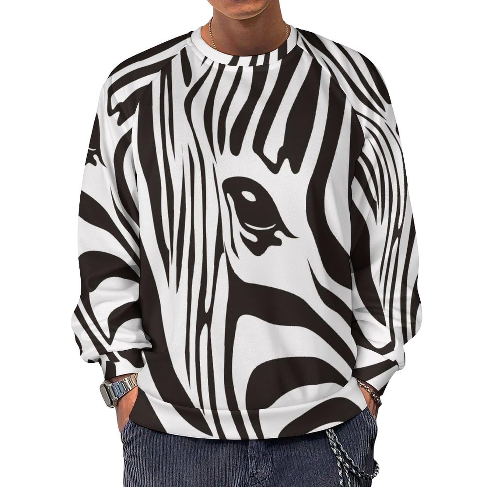 Qjjinxior Men's Zebra Stripes Long-Sleeve Crewneck Sweatshirt, Lightweight Casual Jumpers For
