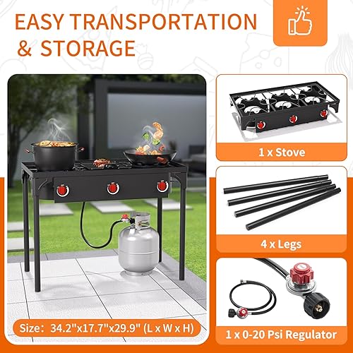 Miniatura 2 de Quemador de propano de alta presión, estufa de campamento de 3 quemadores con patas desmontables, quemador de estufa de gas propano de 225,000 BTU