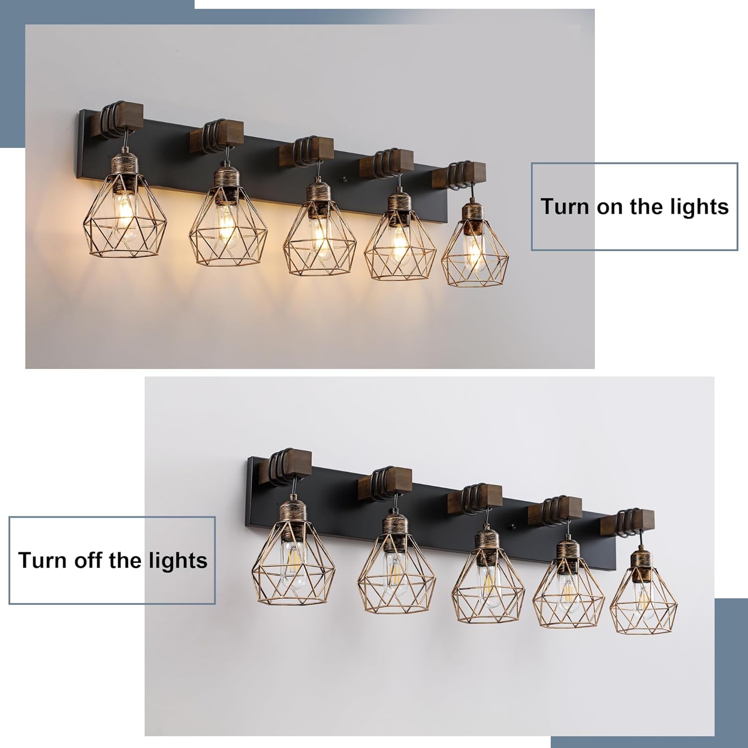 Black Gold Farmhouse Bathroom Light Fixtures, 5-Light Bathroom Lighting Fixtures Over Mirror, Rustic Wood Vanity Lights Wall Sconces with Metal Lampshade for Living Room