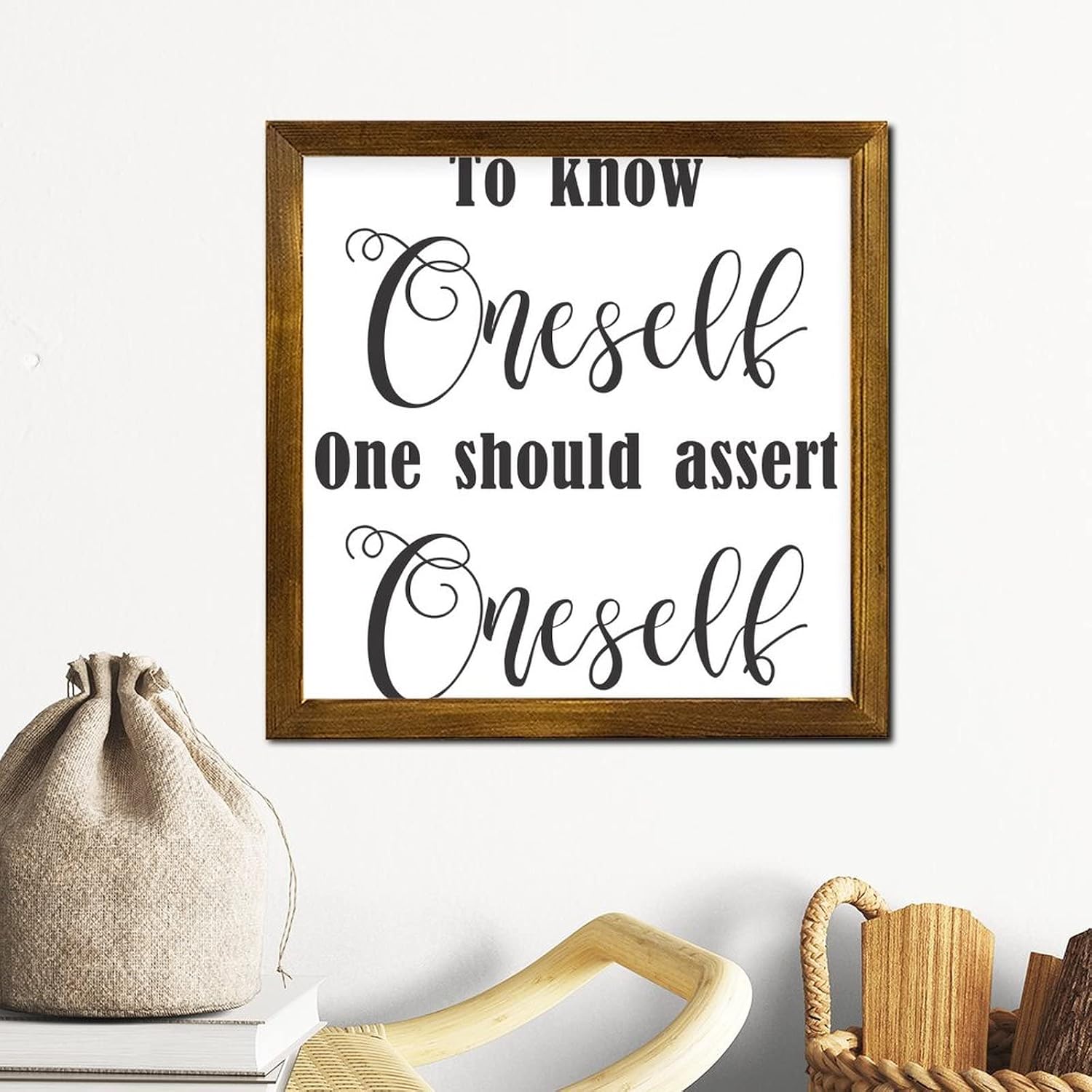 to Know Oneself, One Should Assert Oneself Framed Wood Sign Quotes Saying Hanging Wall Art Farmhouse Wood Hanging Sign Decorative for Home Kitchen Living Room Table 12x12 Inch