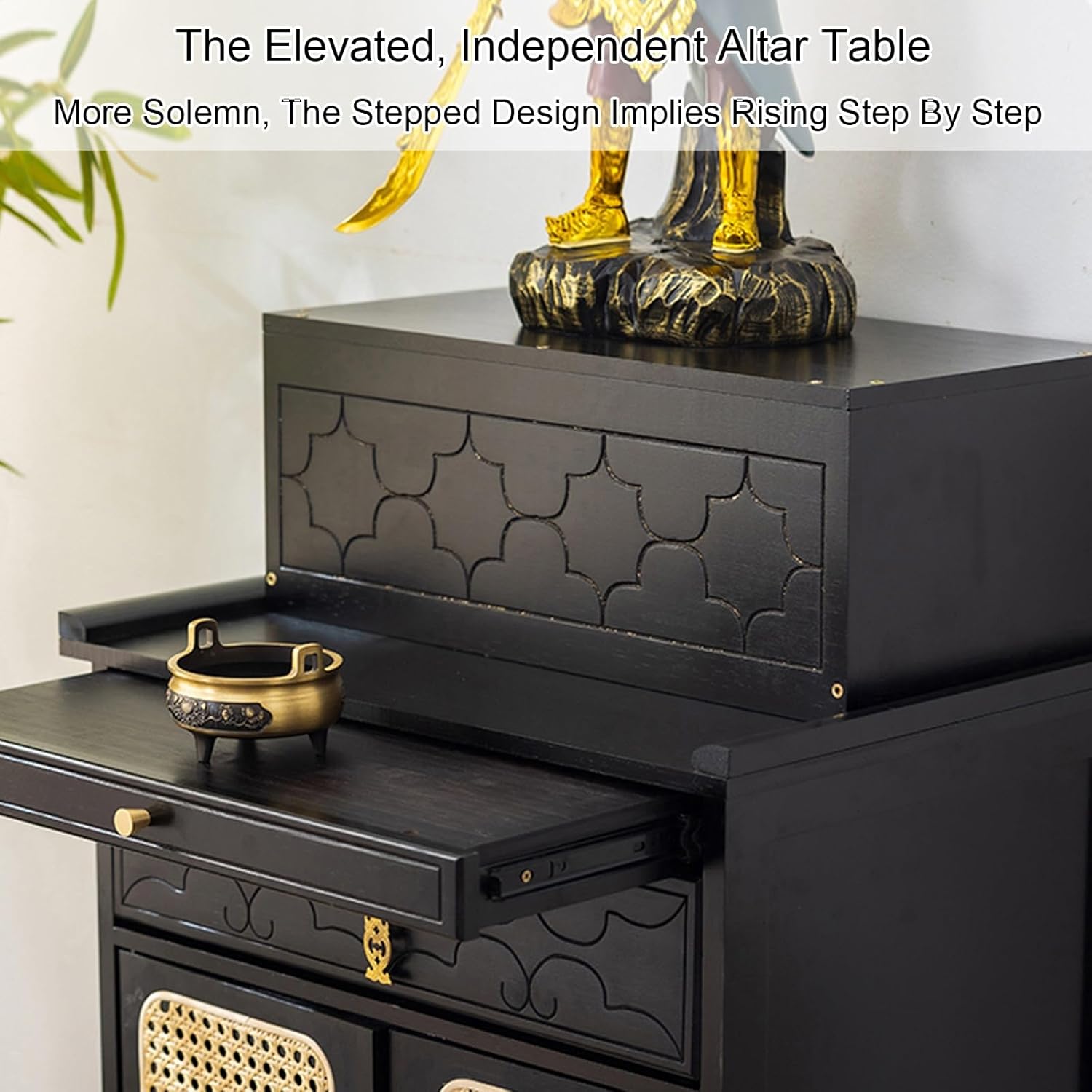 Bamboo Shrine Altar Table, with Retractable Pull Plate and Enclosed Storage, Meditation Prayer Tables, for Shrines, Temples(42cm/16.5'')