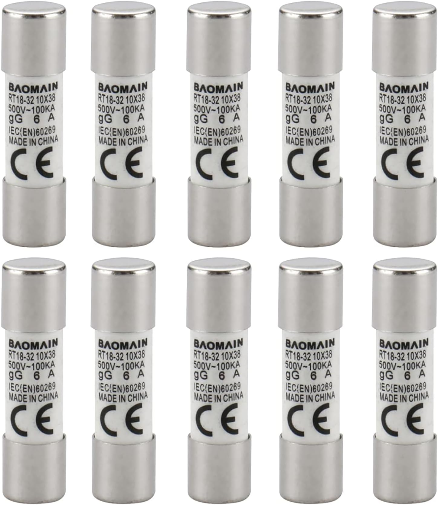 Baomain RT18-32 (RO 15) AC Cylindrical Fuse, 10 x 38, 6 Amp 500V 10Pack