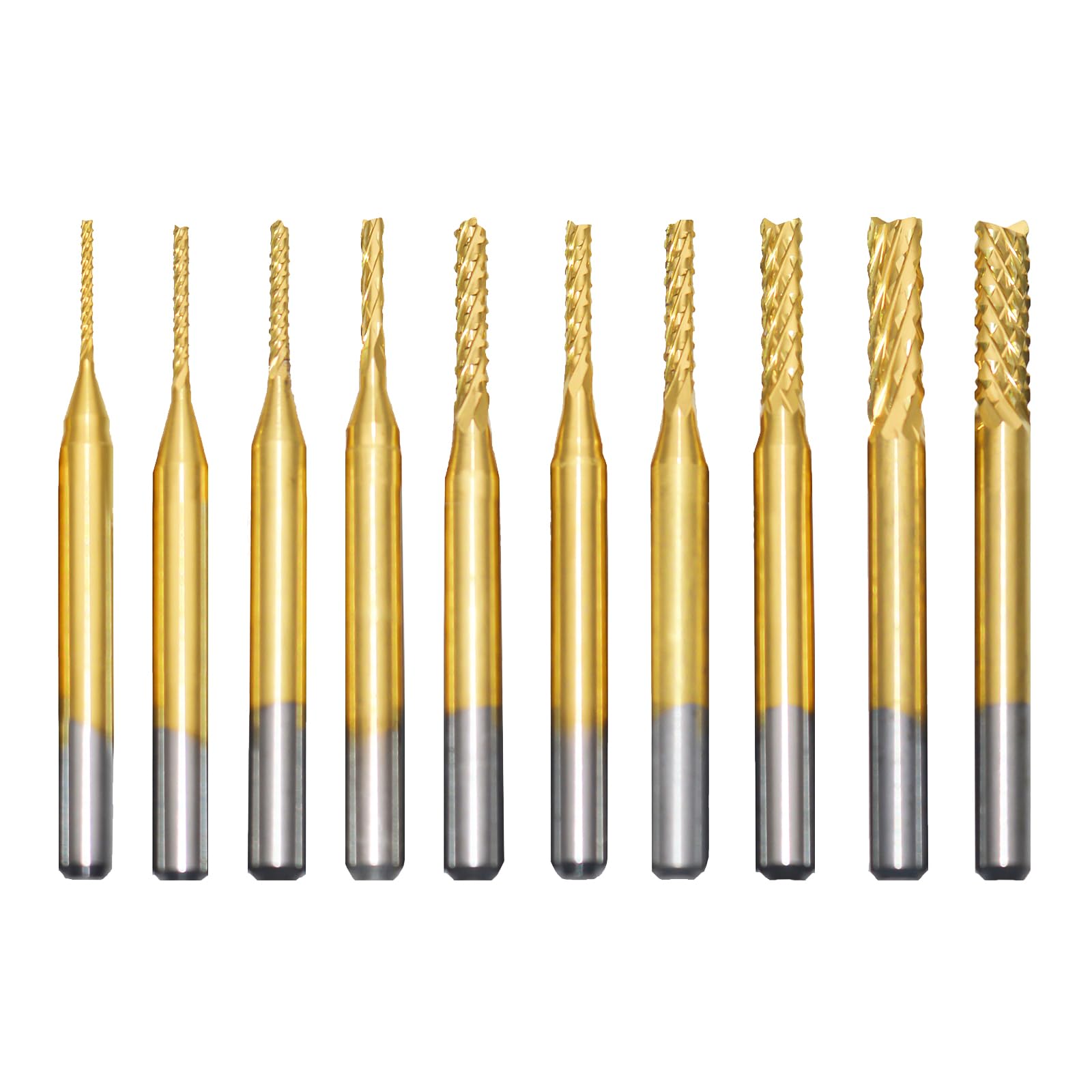 10 sztuk frezów trzpieniowych z twardego metalu, powlekane tytanem, frezy CNC, narzędzia do grawerowania, do drewna, aluminium, stali, tytanu (0,8 – 3,175 mm)