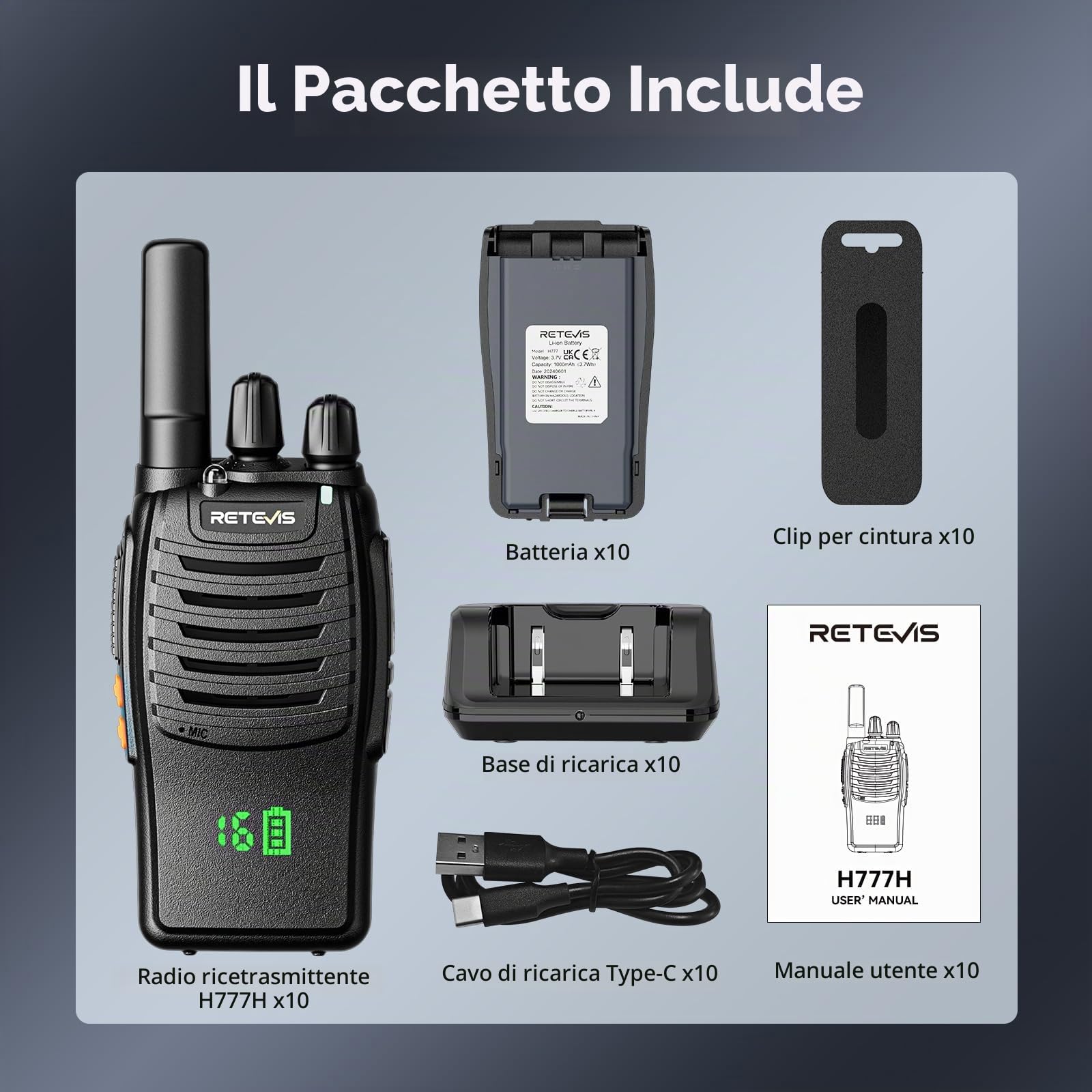 Retevis H777H Radio Bidirezionale Senza Licenza, Walkie Talkie con Schermo, 16 Canali, USB C, Walkie-Talkie professionali ricaricabili a lungo raggio, Walkie-Talkies per Produttore (Nero, 10 Pezzi) | 16 Canali, USB C, Walkie-Talkie professionali ricaricab
