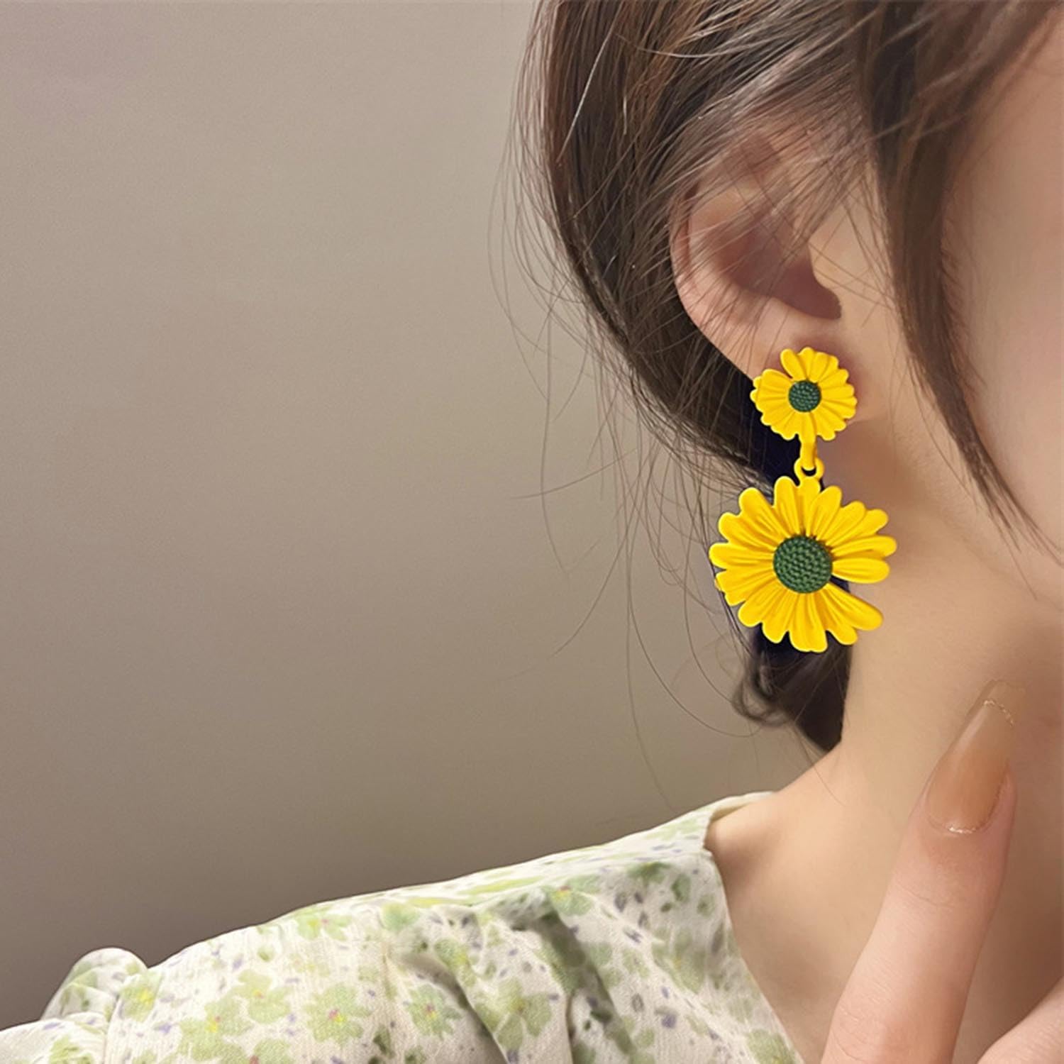 Pink Flower Dangle Earrings Double Daisy Flower Enamel Earrings Boho Metal Floral Stud Earrings Matte Flower Statement Earrings Bridal Jewelry for Women - Image 2