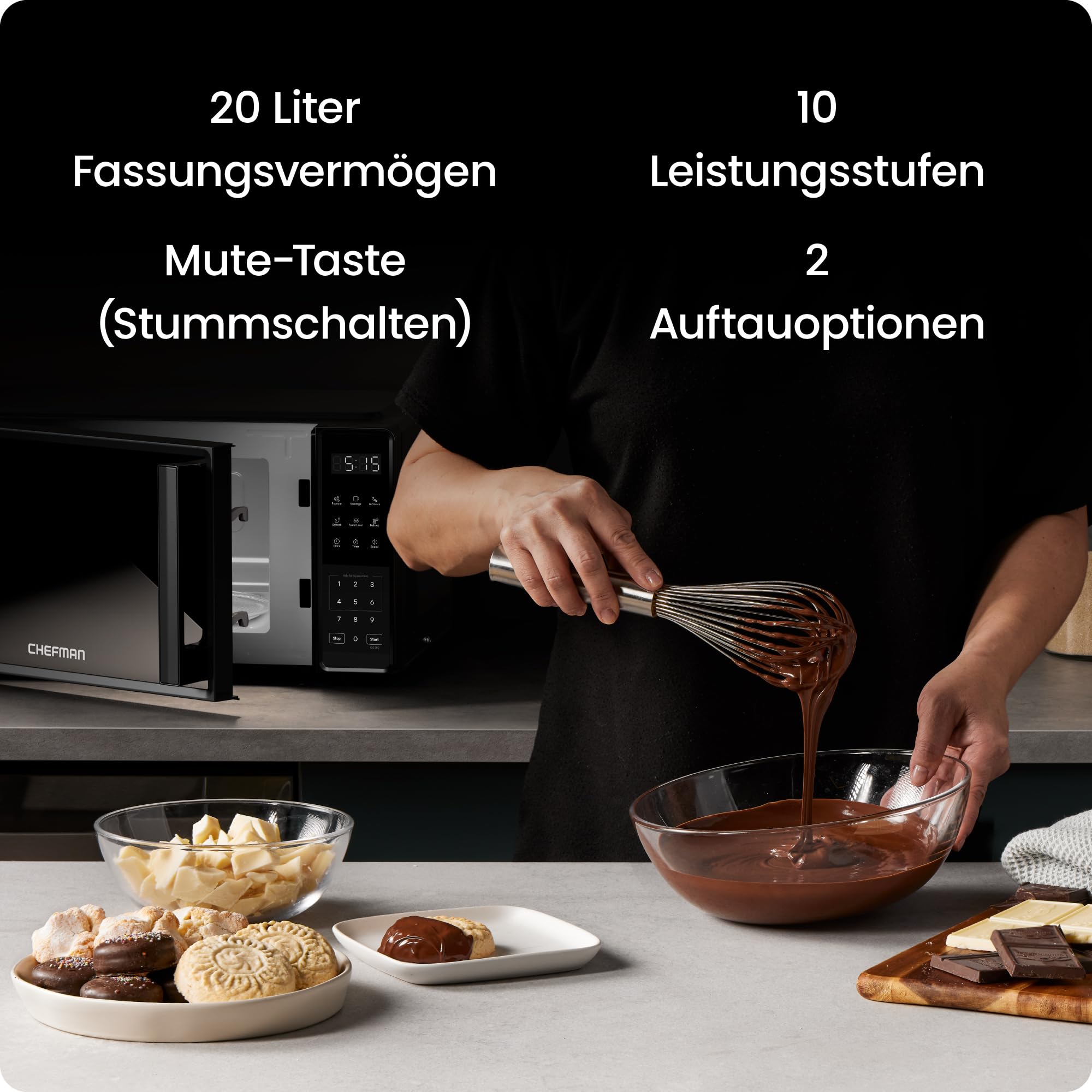 Chefman Tisch-Mikrowelle 20 l, 10 Leistungsstufen, 3 Kochprogramme, One-Touch-Express-Kochfunktion, Stummschalttaste – Schwarz