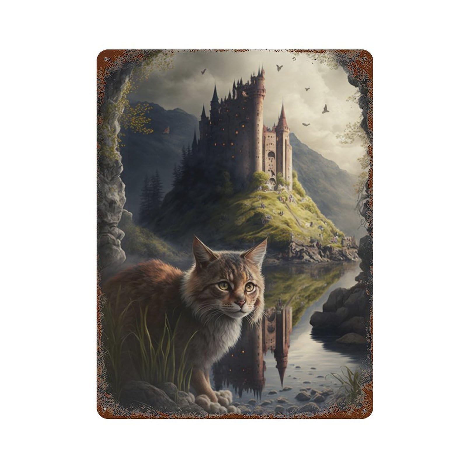 Fantasy Cat Castle Reflection Distressed Metal Wall Sign 15.7"x11.8", Shabby Chic Decor for Garage, Pub Or Kitchen