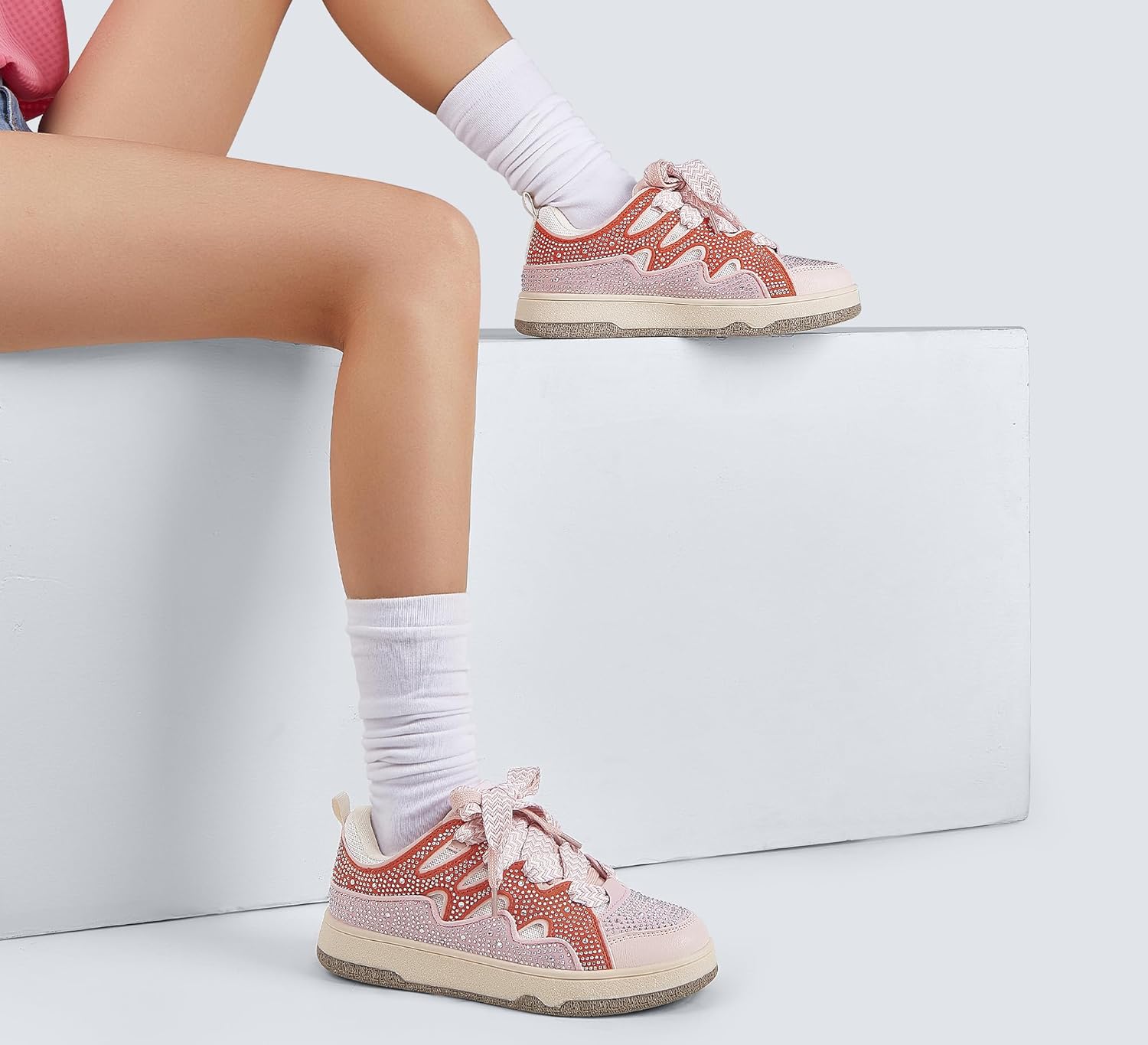 LUCKY STEP Women's Sparkle Rhinestone Fashion Sneakers Walking Tennis Bling Glitter Roaring Shoes Platform Lace up Casual Mesh Sneaker - Image 2