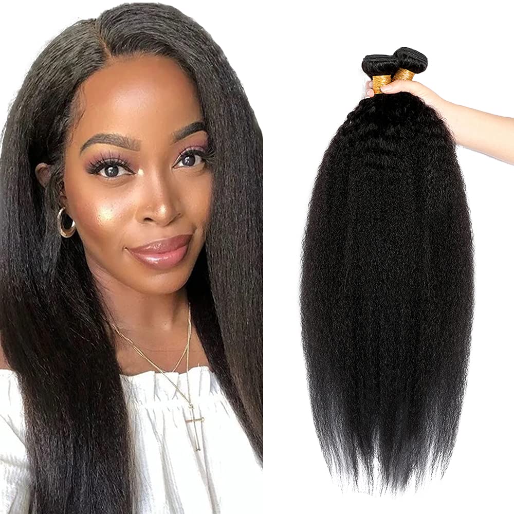 Yaki Straight Bundles Human Hair Kinky Straight Bundles 22 22 22 Inch Brazilian Virgin Remy Same Length 3 Bundles Soft and Shiny Brazilian Kinky Straight Hair Weave Natural Black Color