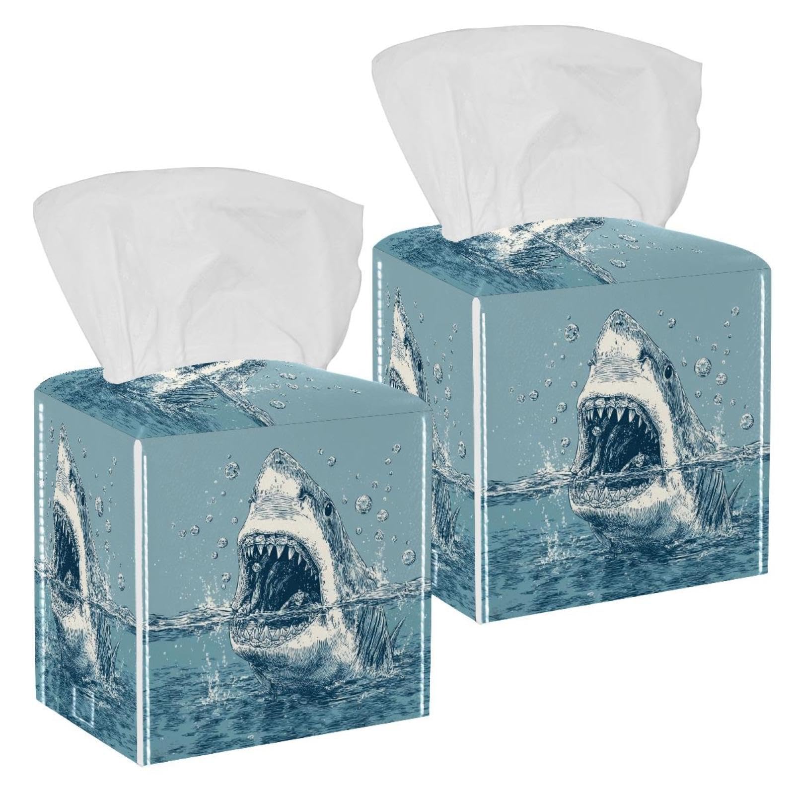 Ferocious Shark Tissue Box Cover, 2 Pack PU Leather Square Facial Tissue Dispenser Box holder for Home Office Car