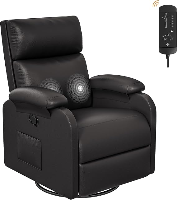 Homall Recliner Chair, 360 Swivel Rocking Chair for Adults, Massage Nursery Chair with Adjustable Backrest and Footrest, PU Leather Glider Rocker Recliners with Side Pocket for Living Room (Black)