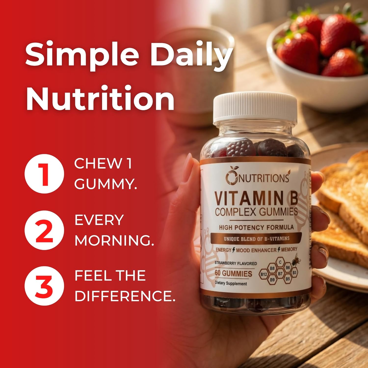 O NUTRITIONS Vitamin B Complex Gummies for Women & Men – High Potency B12 (833% DV) & Biotin – Energy, Mood & Metabolism Support – Vegan Strawberry Gummy Vitamins – 60 Gummies, 2-Month Supply