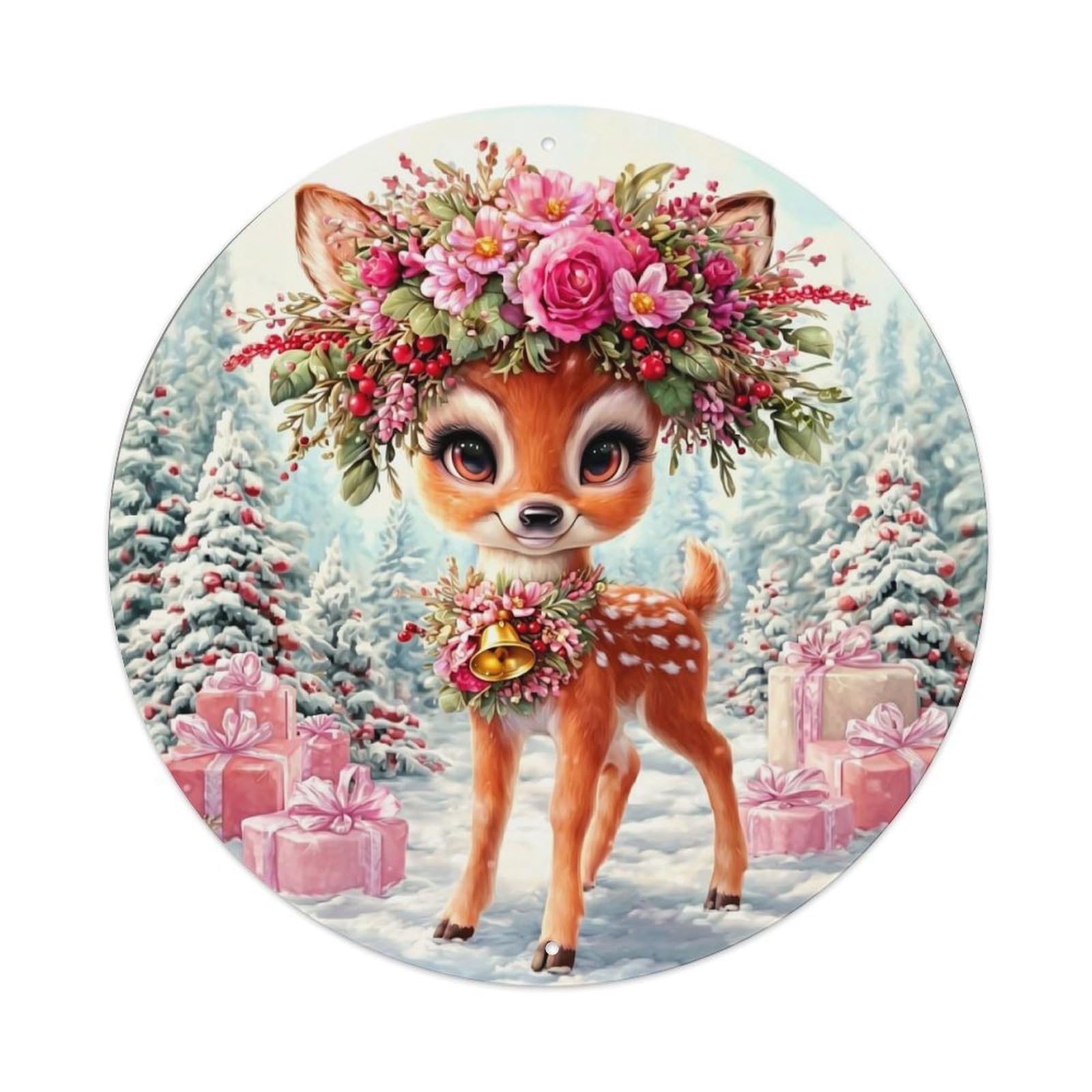 Cute Deer Winter Flowers Gifts Retro Metal Sign Round Tin Sign, Vintage Decor Art Poster for Bar, Home, Man Cave, Kitchen, Laundry Room Gift 8x8Inch