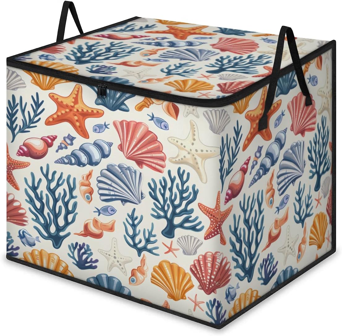 Honeybaby 214L Extra Large Comforter Storage Bag Starfish Ocean Seashell Storage Totes with Lids Waterproof Closet Organizer Folding Blanket Storage Bags for Clothes Bedding Pillows