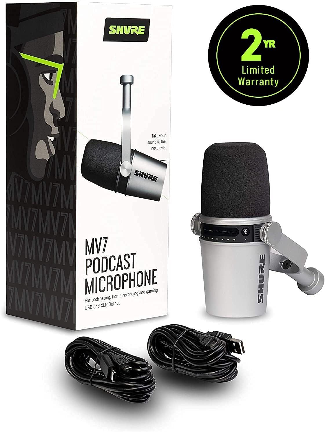 Shure MV7 USB Podcast Microphone for Podcasting, Recording, Live Streaming & Gaming, Built-In Headphone Output, All Metal USB/XLR Dynamic Mic, Voice-Isolating Technology, TeamSpeak Certified - Silver: Musical Instruments