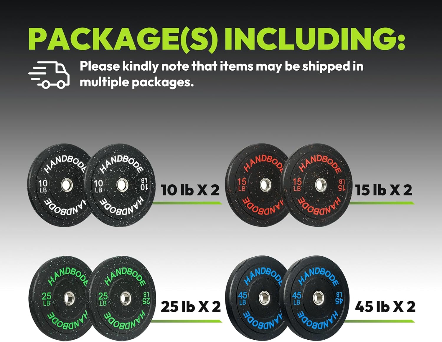 HANDBODE 2-Inch Bumper Plates High Bounce, Olympic Weight Plate Set 45/100/160/190/260/300lb, Barbell Weight Plates Set for Home Gym, Colored Weights Rubber Strength Training Plate for Weight Lifting