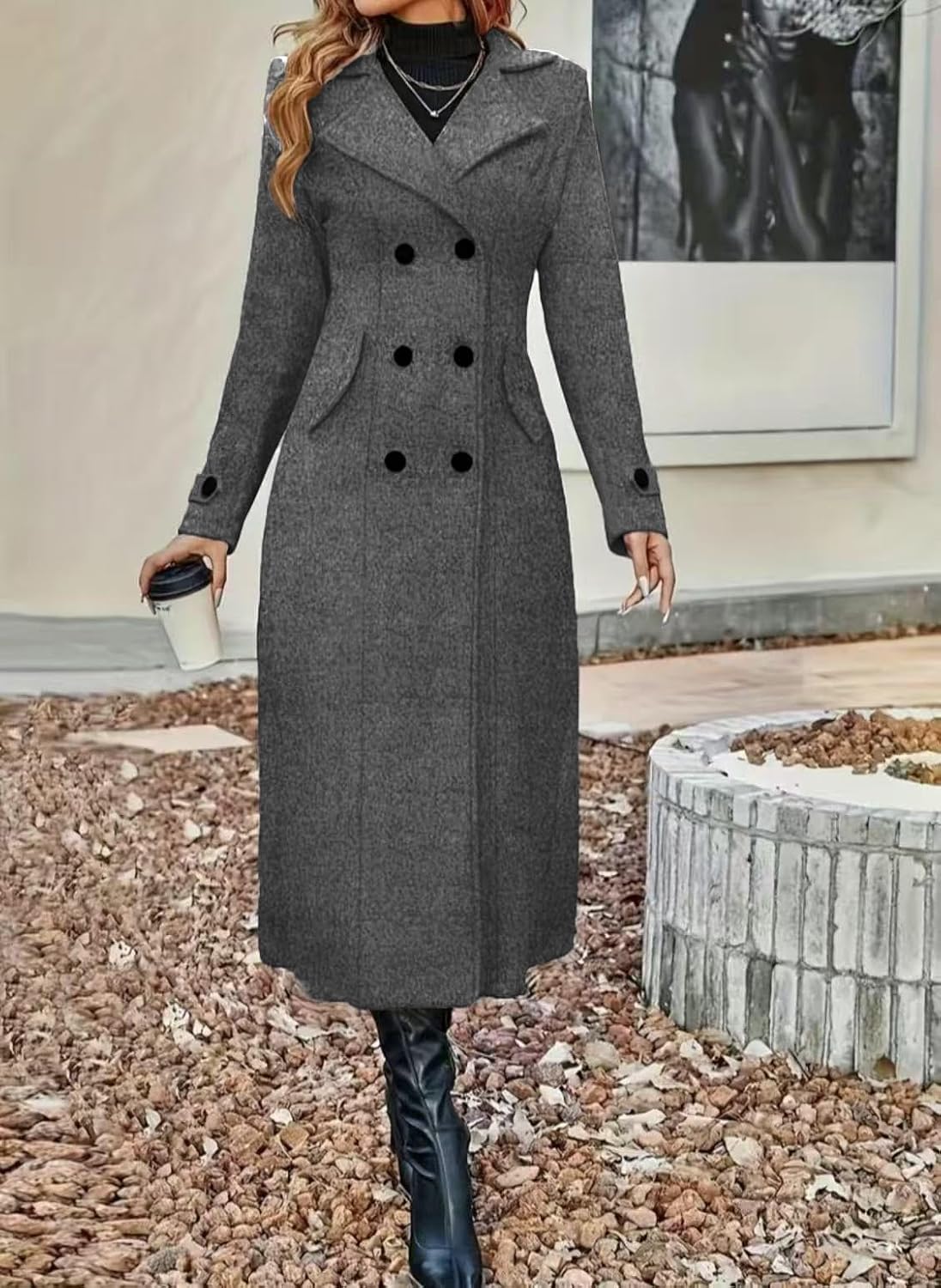 chouyatou Women's Winter Double Breasted Wool Coat Business Casual Long Sleeve Midi Long Winter Pea Coat