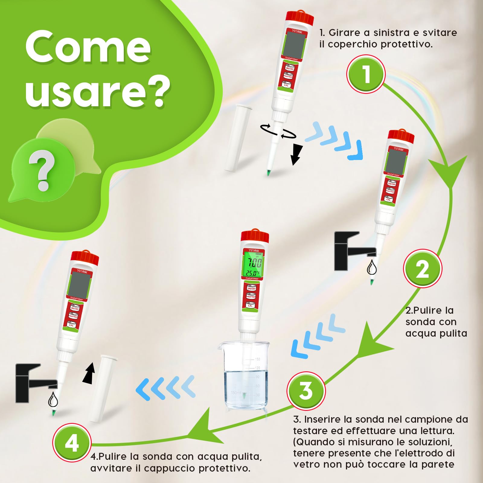 YINMIK phmetro per alimenti, misuratore ph lievito madre, tester ph impasti, piaccametro per pasta, carne, latte，salsicce, formaggio, panna, birra, vinificazione rossa